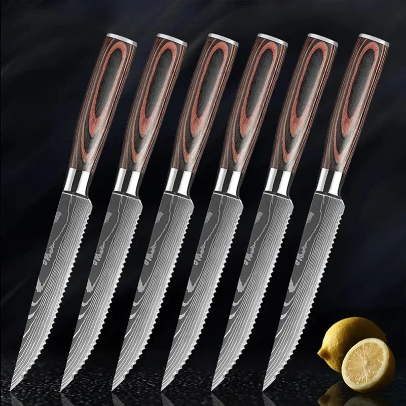 Steakmesser-Set, Damastmuster, Edelstahl, gezahntes Messer, Fleisch, Fisch, Huhn, Schneiden, Schneiden, Spalten, Kochmesser, Esszimmer