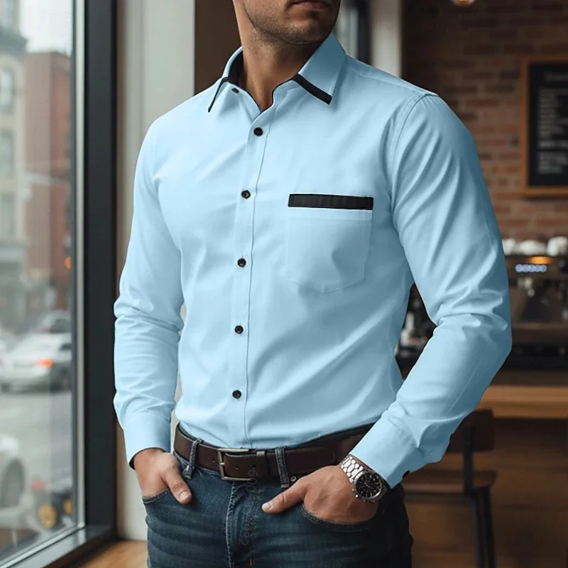 Men's white-collar long sleeved shirt with lapel pockets and decorative buttons, cardigan for commuting and leisure, men's top
