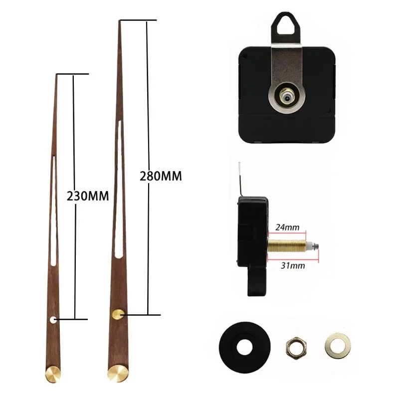 Silent DIY Wall Clock Movement Pointer Set Long Axis High Torque Movement Black Walnut Wood Pointer Replacement Repair Part