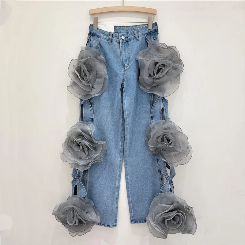 2026 Niche Design Sense of High-waist Hollow-out Jeans, Women's New Fashion Three-dimensional Flower Decoration Wide-leg Jeans