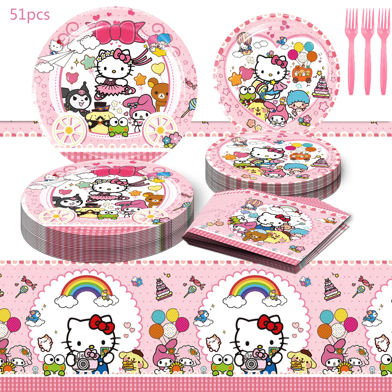 

51pcs/set Hello Kitty Birthday Party Decoration Cartoon Cat Balloons Supplies Baby Shower Girls Cup Plate Napkin Favors Wedding