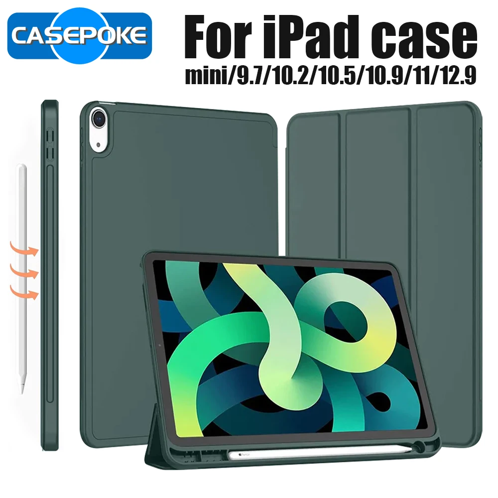 CASEPOKE-Caso com suporte para lápis para iPad, Tablet Capa para iPad 7, 8th, 9th, 10.2, Air4, 5, 10.9, iPad Pro 12.9