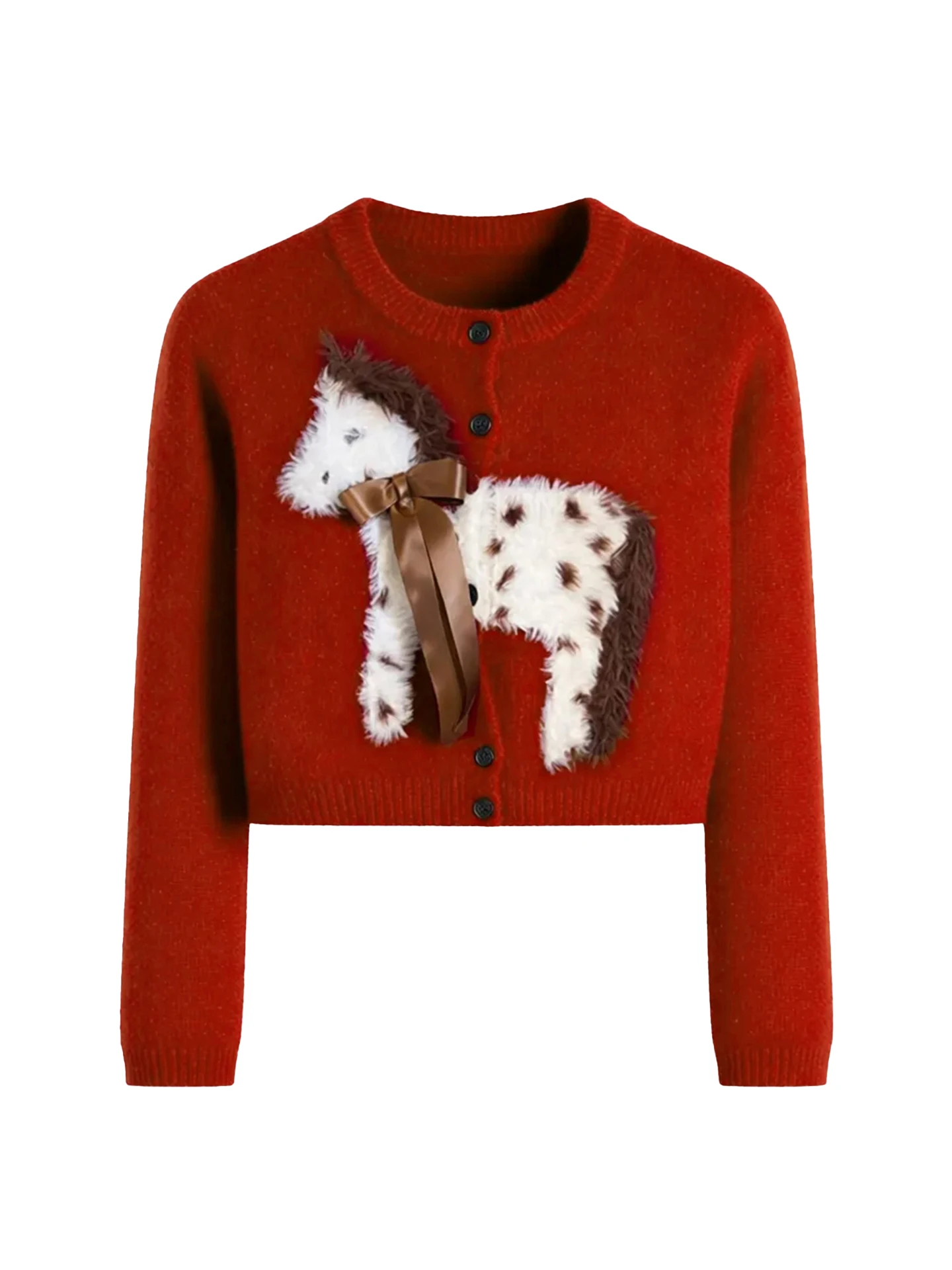 

New Year Red Pattern Knitted Open Cardigan Women's Autumn Winter Sweater Slimming Top Korean Style Long Sleeve Crew Neck