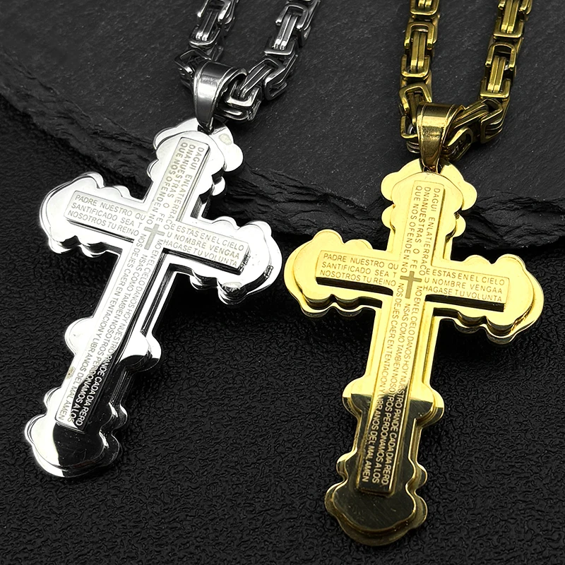

Jesus Big Cross Bible Pendant Necklaces for Men Stainless Steel Catholic Gold Silver Color Byzantine Chains Male Jewelry Gift