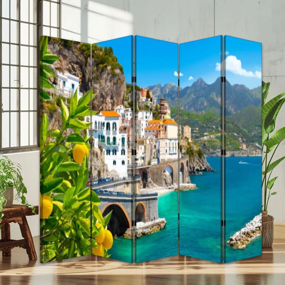 

Screen Room Divider Beautiful View Mediterranean Coast Lemons Foreground Italy Canvas Screen Indoor Folding Separator