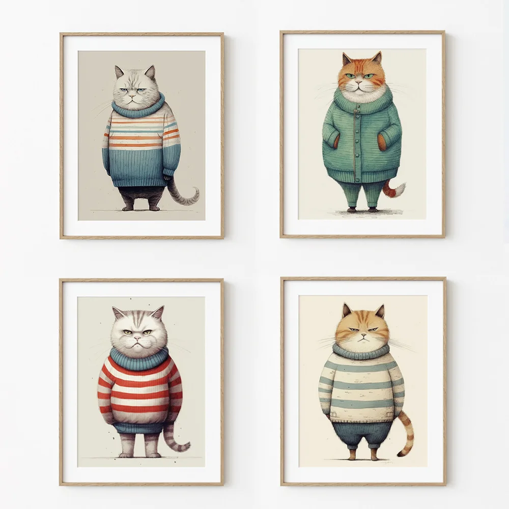 Funny Chubby Cat in Cozy Sweater Fat Orange Cat Cartoon Lovely Animals Poster Canvas Painting Wall Art Pictures Home Decor