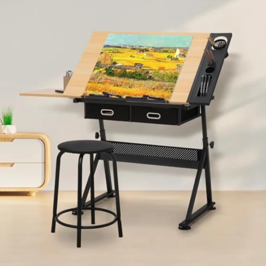 

Drafting Table with Height Adjustable Wood Top Drawing Table with Storage Drawers Extendable Design Art Desk Ideal for Drawing