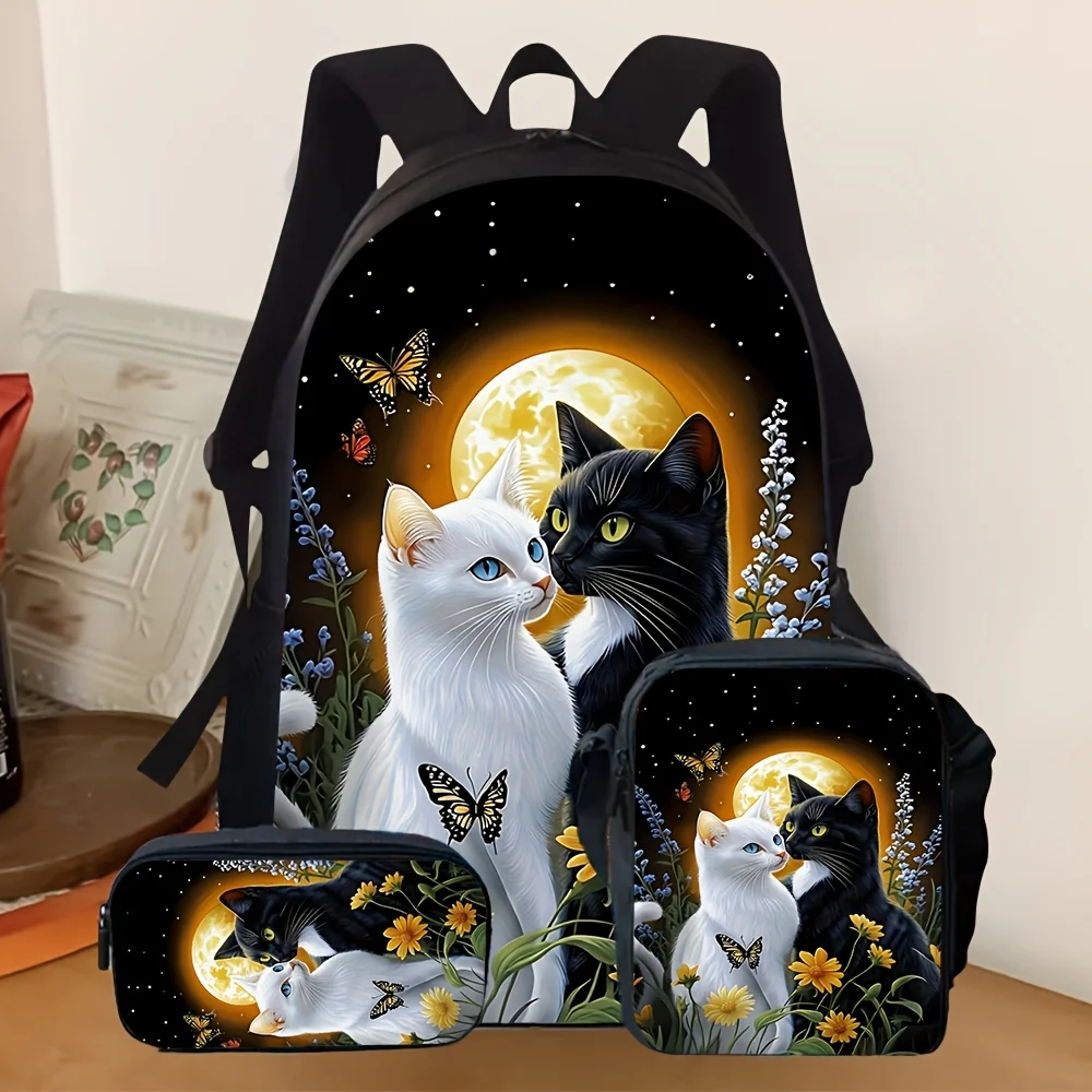 

3pcs [2D Flat] Cat Moon Butterfly Print Backpack Set, School Bookbag with Pencil Case and Mini Bag, Casual Daypack Girls Boys, 2