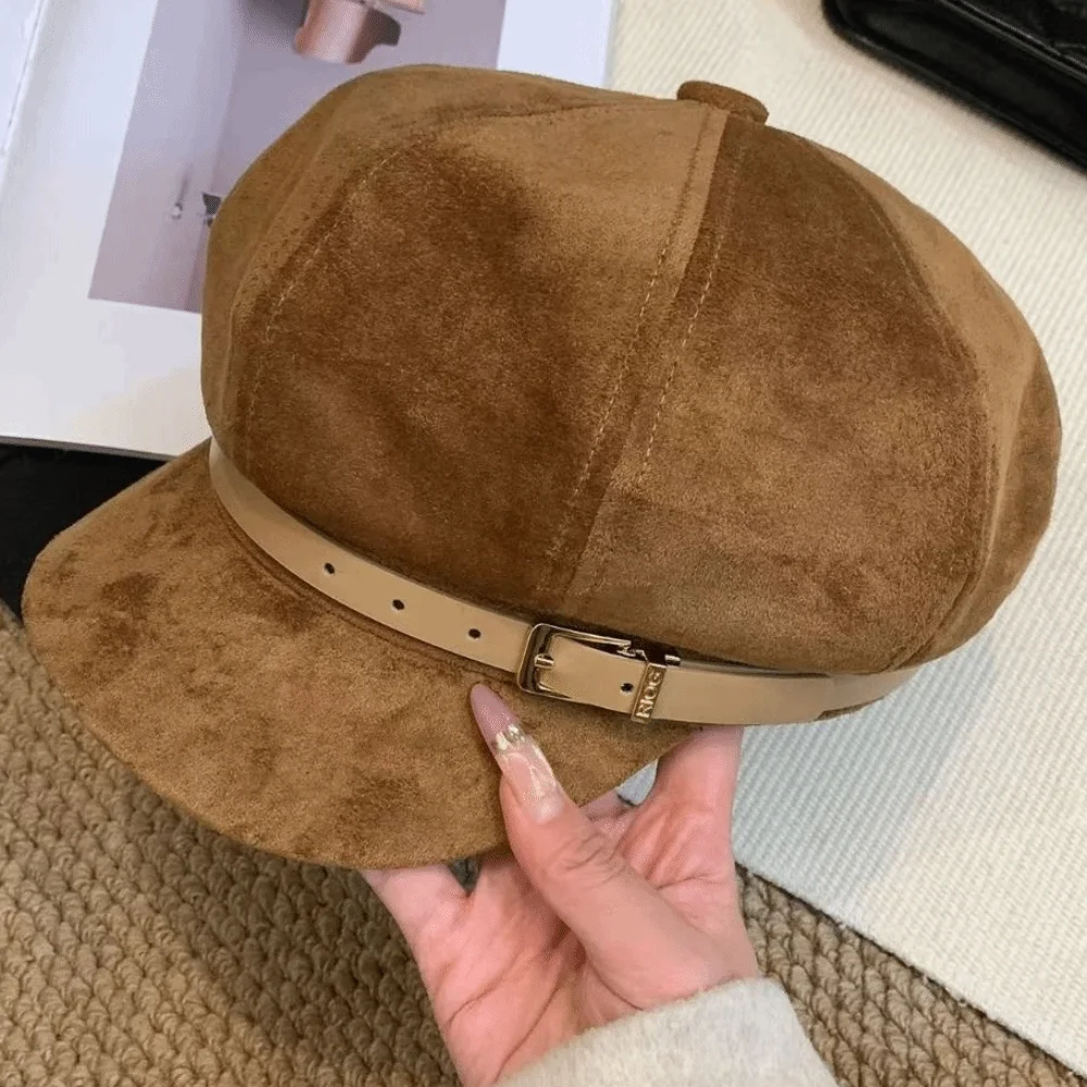 Fashion British Style Pu Leather Beret Belt Buckle Retro Suede Octagonal Hat Artist Hat Brown Painter Hat Girl