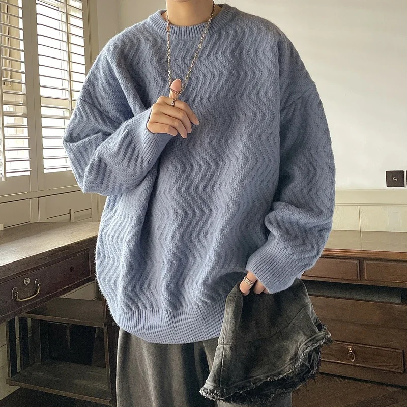 Maglione giapponese tinta unita da uomo autunno inverno testurizzato ampio scollo tondo alla moda