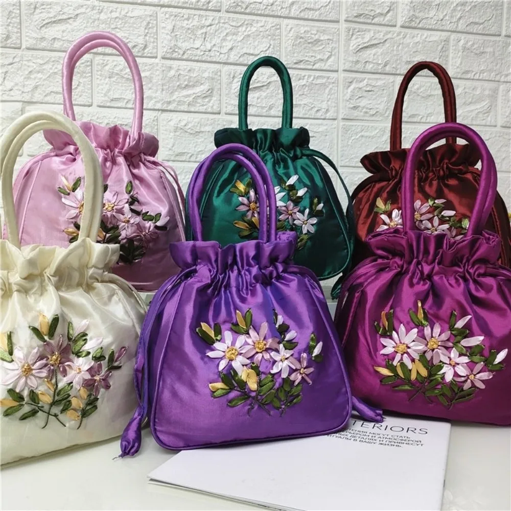 Embroidered Flower Pattern Women Bucket Bag Small Phone Bag Top Handle Bag National Style Dacron Drawstring Bag