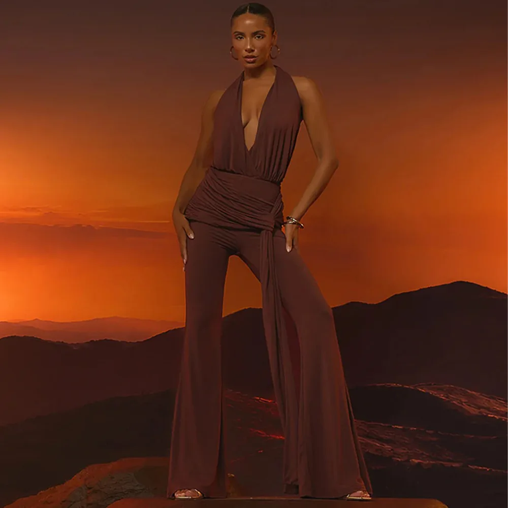 European and American Foreign Trade Women's Clothing New Style Halter Fashion Ribbon Women's Jumpsuit Sexy Backless V-Neck Hot Girl Jumpsuit