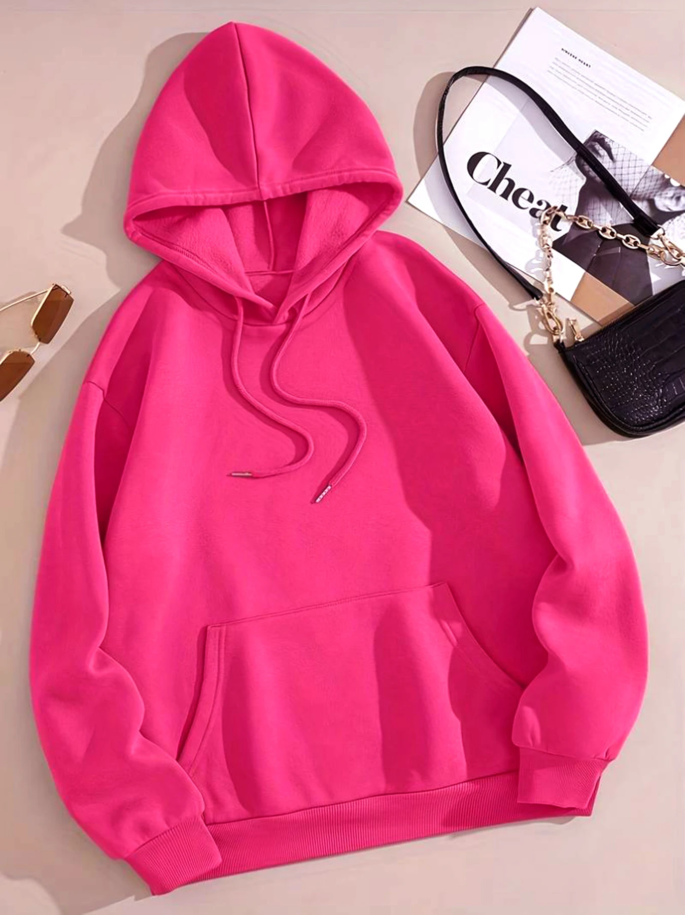 Loose Printed Hooded Sweatshirt For Women Long Sleeve Plus Velvet Kangaroo Pocket Top Casual Sports Pullover