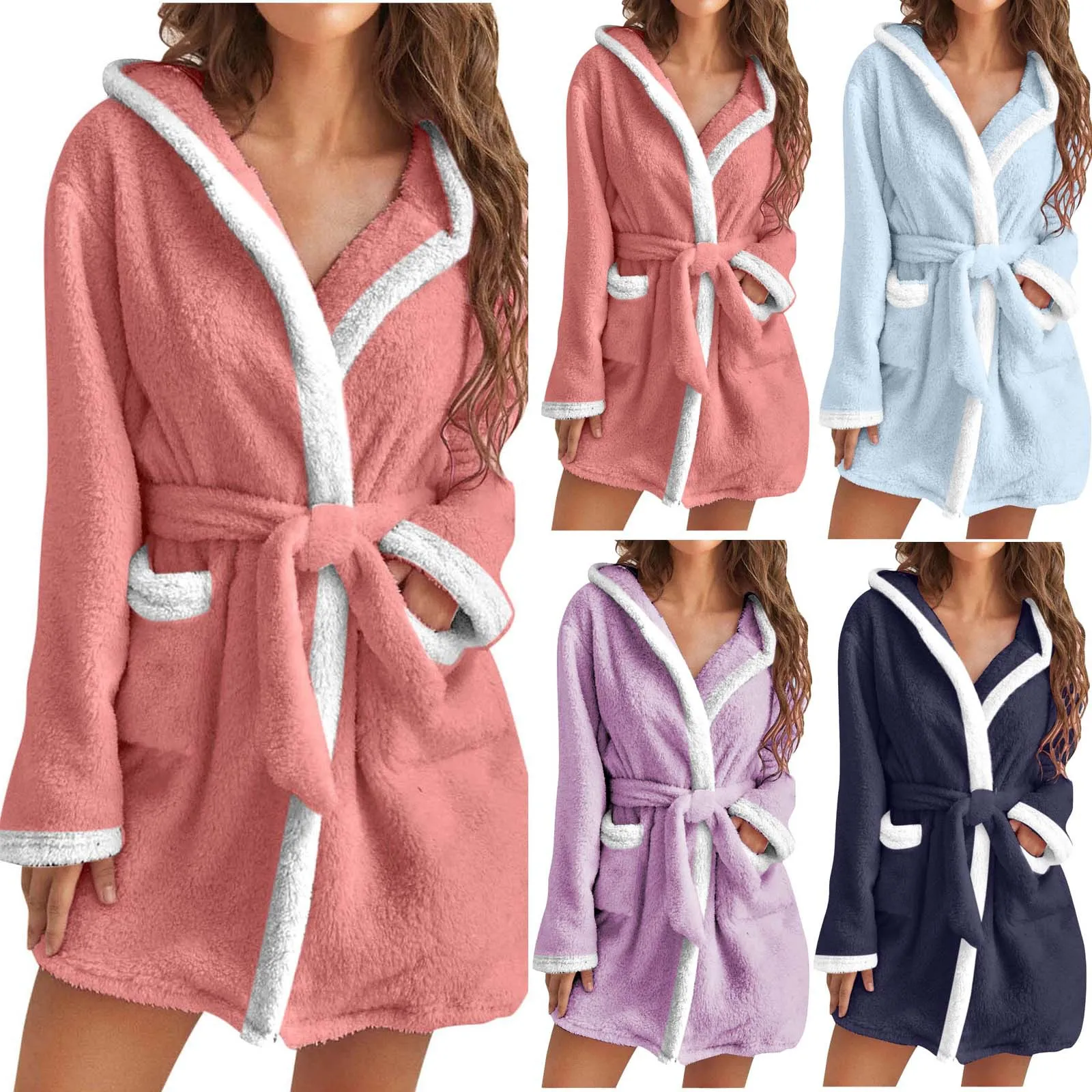 Color Block Hooded Loungewear Contrast Trim Color Block Hooded Loungewear Coral Fleece Women Short Belted Robe Warm Winter