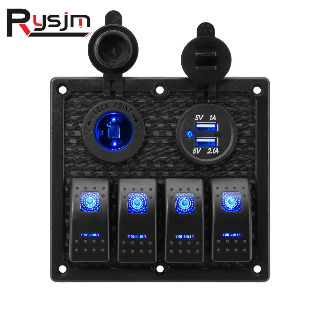 12V 24V 4 Gang Led Light Push Button Toggle Electrical Car Rocker Boat Marine Control Switch Panel Socket For Boat Marine RV