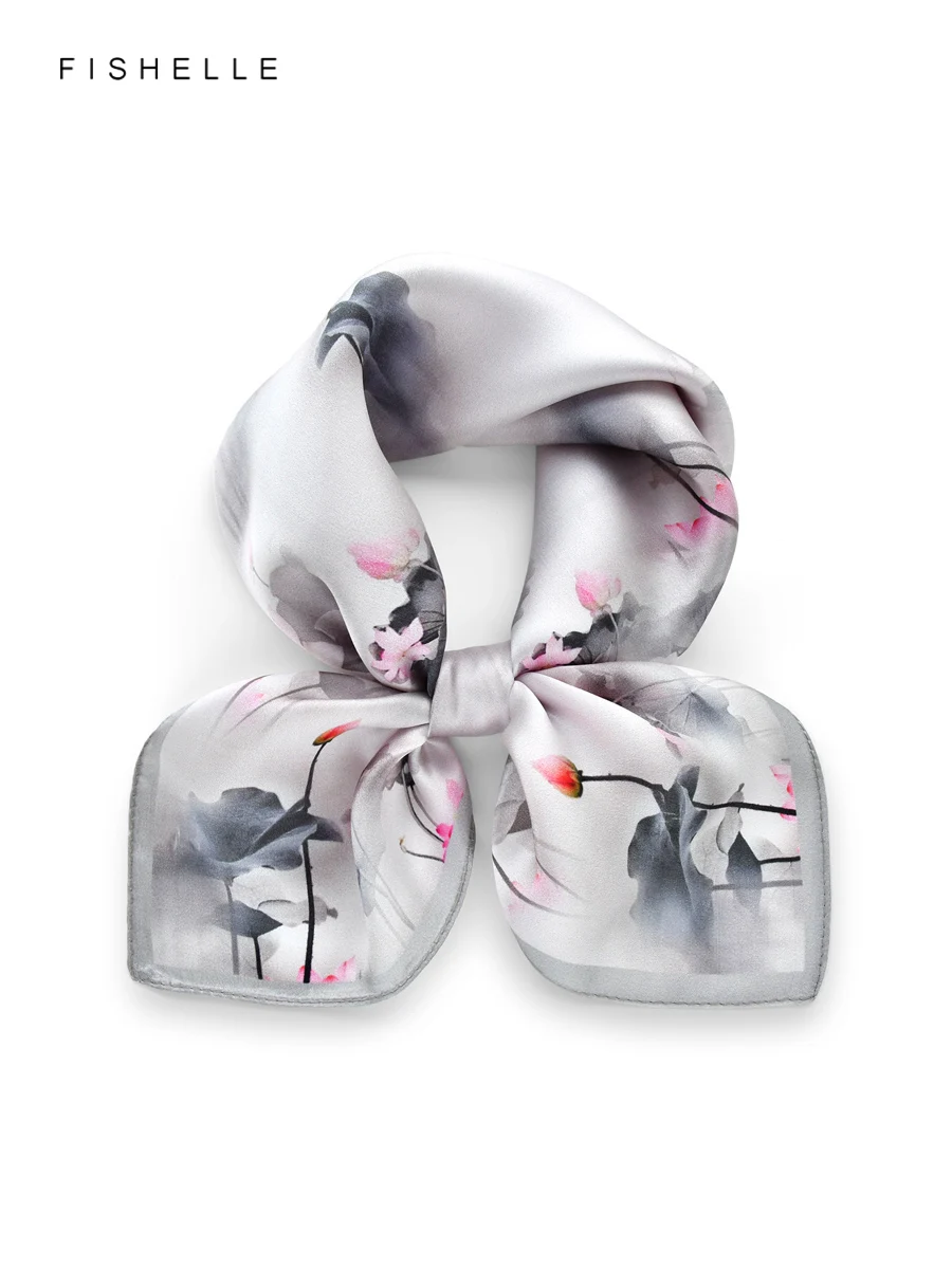 

Серый лист лотоса, 100% шелковый шарф, женская шаль, галстук, гладкий роскошный подарок, повязка на голову, шейный платок, квадратный шарф 50 см