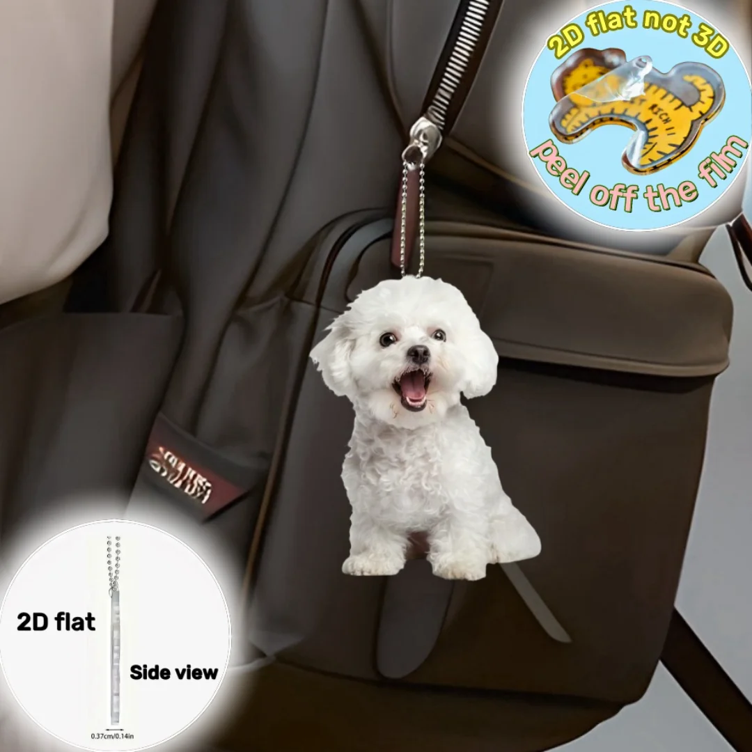 Cute Bichon Frise 2D Flat Acrylic Pendant Keychain,White Puppy Ornament Charm,Hanging Decor For Car,Bags,Home,Festive Party,Gift