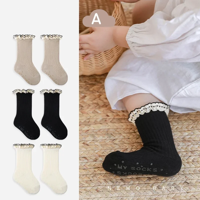 1 Paar Wadensocken für Kinder und Mädchen, niedliche Prinzessin, Herz, Rüschen, rutschfeste Bodensocken für Kinder, Frühling und Herbst, weiche Baumwollsocken