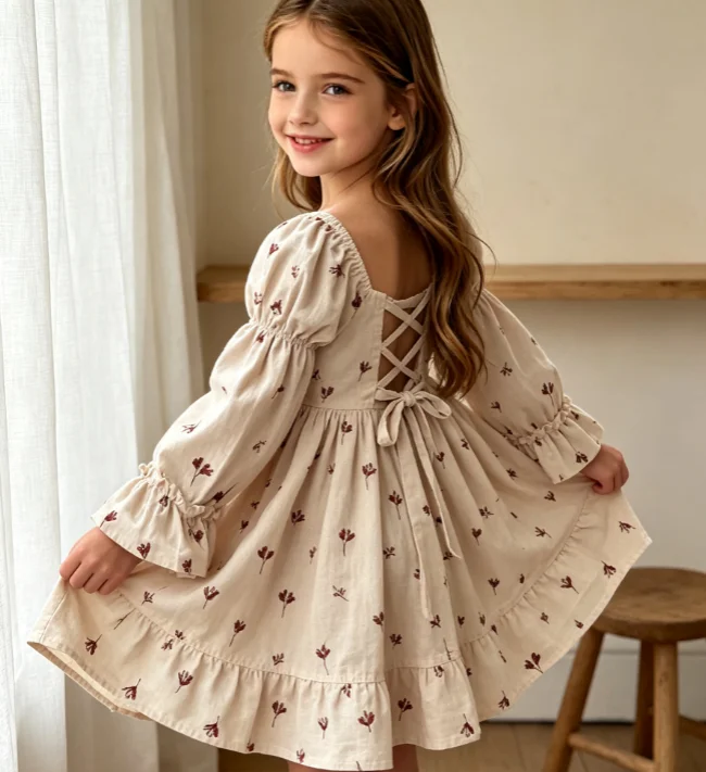 Girls Dress 2026 Spring and Autumn New Children's Clothes Girls Baby Russian Horn Sleeve Palace Style Tie Up Dress