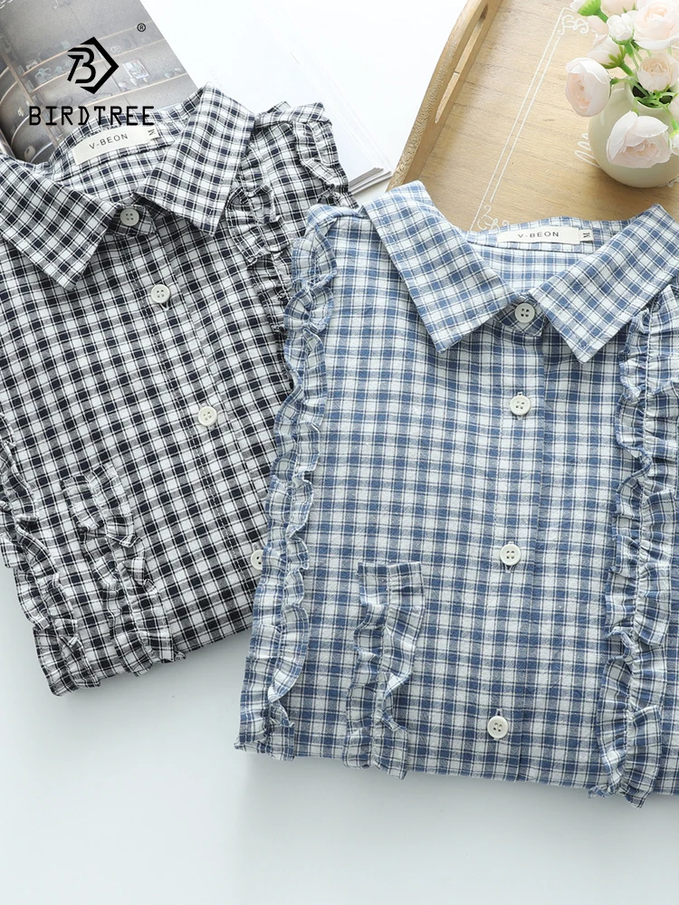 

New 2025 Autumn Cotton Long Sleeve Shirt, Women Turn-down Collar Plaid Ruffles, Mori Girl Fashion Commute Loose Blouse T59127CC