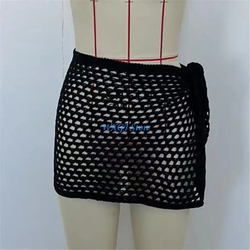37JE Women Swimsuit Coverups Summer Lacing up Beach Dress Hollows Out Crochet Short Knit Skirt Beachwear Cover Swimwear Cover