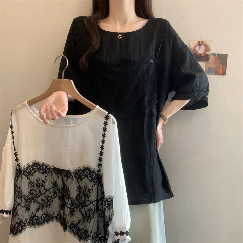

Summer New Fake Two-Piece Chiffon Pullover Round Neck for Women Plus Size Loose Casual Top