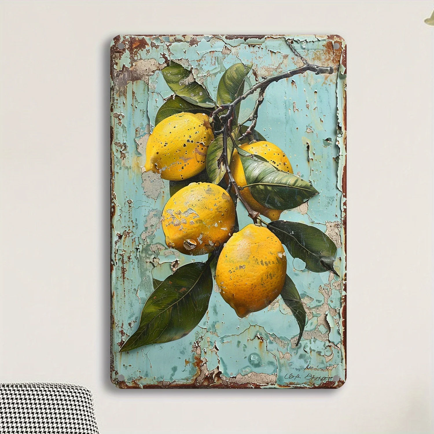 20.32x30.48 cm Lemon Leaf Metal Wall Art Sign - Vintage Yellow Lemon & Lime Citrus Decor, Tinplate Hanging Decoration Suitabl