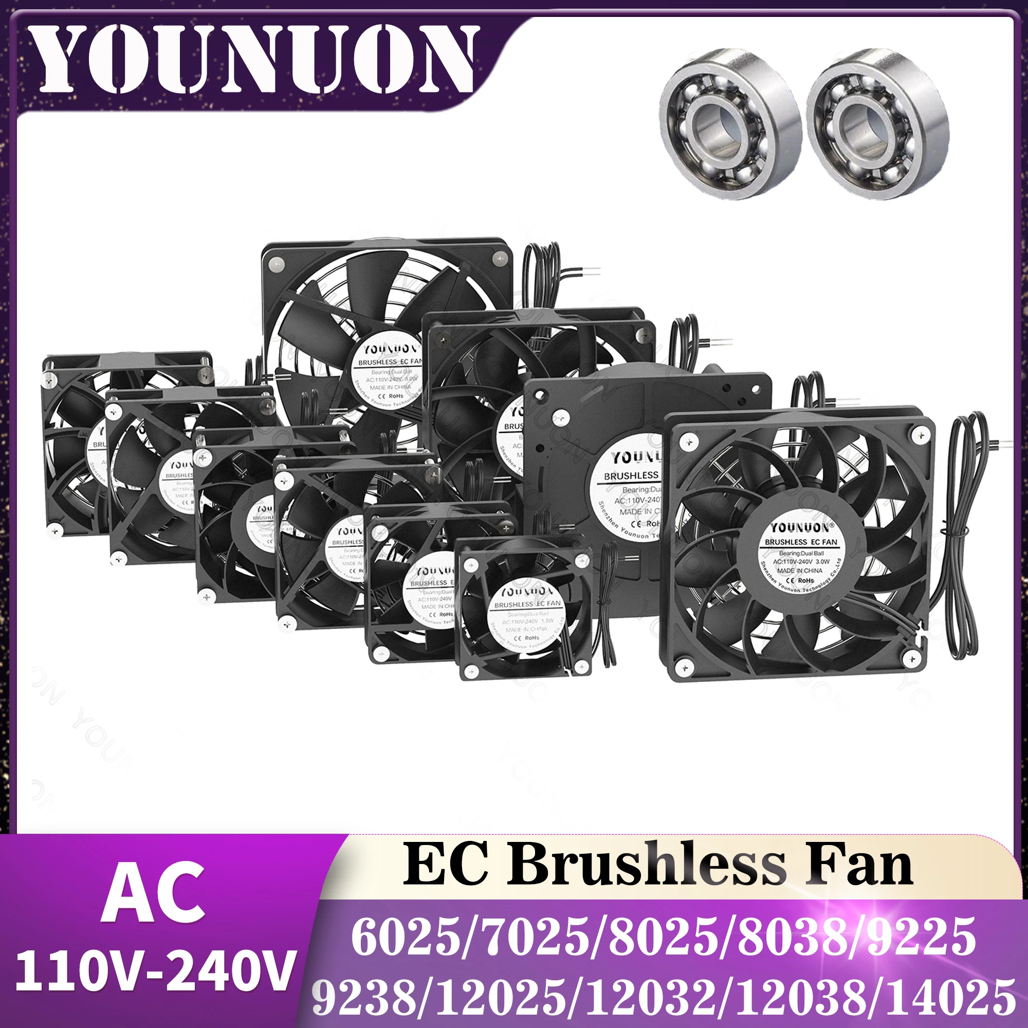 1PCS EC Brushlee Fan 6025/8025/9225/12025/12038/12032 AC 110V 115V 120V 220V 240V Cooling Cooler Fan