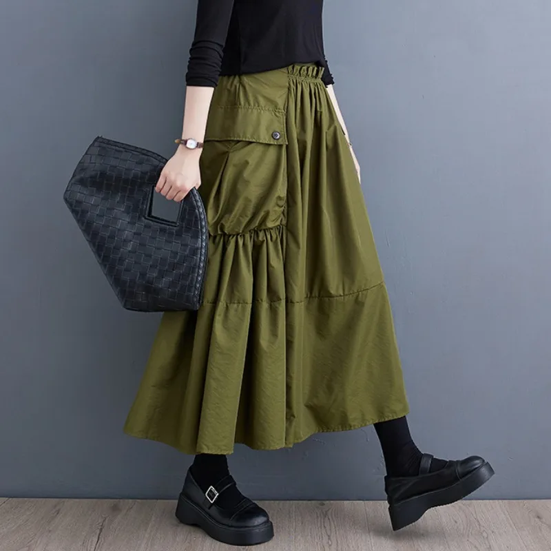 

#3073 Black Green A-line Skirt Women Side Pockets Irregular Pleated Skirt Ladies Elastic Waist Split Joint Ruffles Skirts Womens