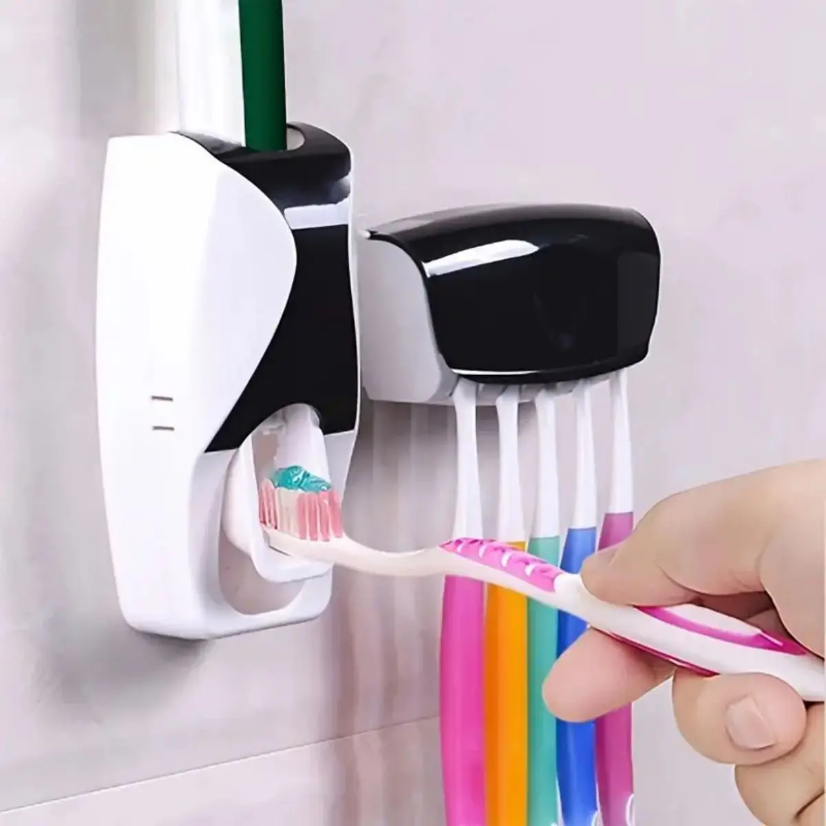 1set Automatic Toothpaste Dispenser And Toothbrush Holder Set, Wall Mounted Toothbrush Rack, Plastic Bathroom Storage Rack With