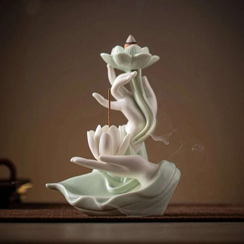 Ceramic Backflow Incense Burner Hand Shape Zen Incense Burner Fountain Lotus Flower Ash Catcher Reflux Incense Burn Tray