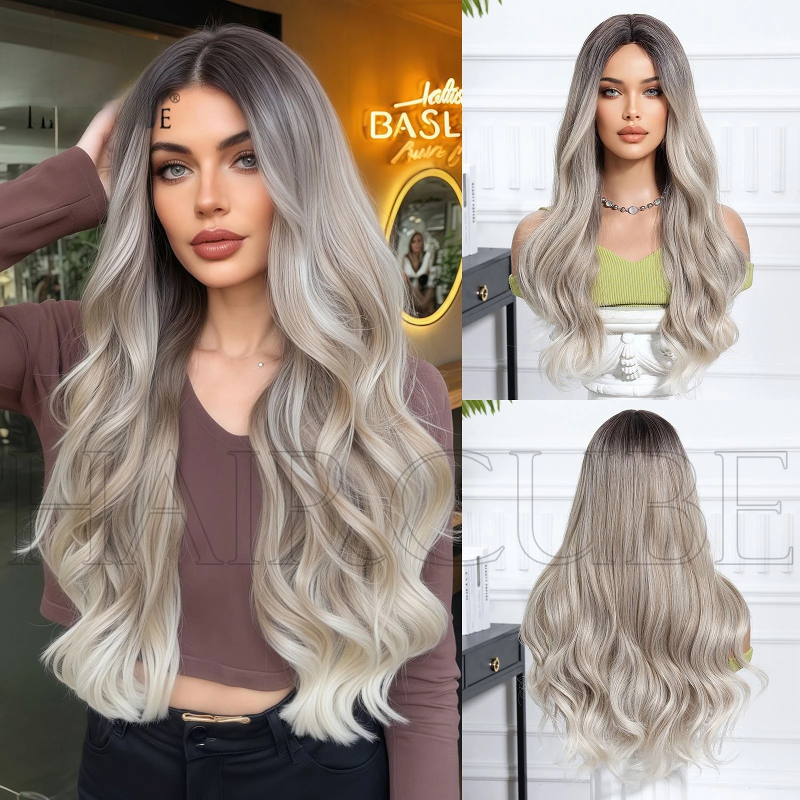 

European and American wigs, headgear, atmosphere, wig, gradual change, dye full head, new medium gray long curly wig