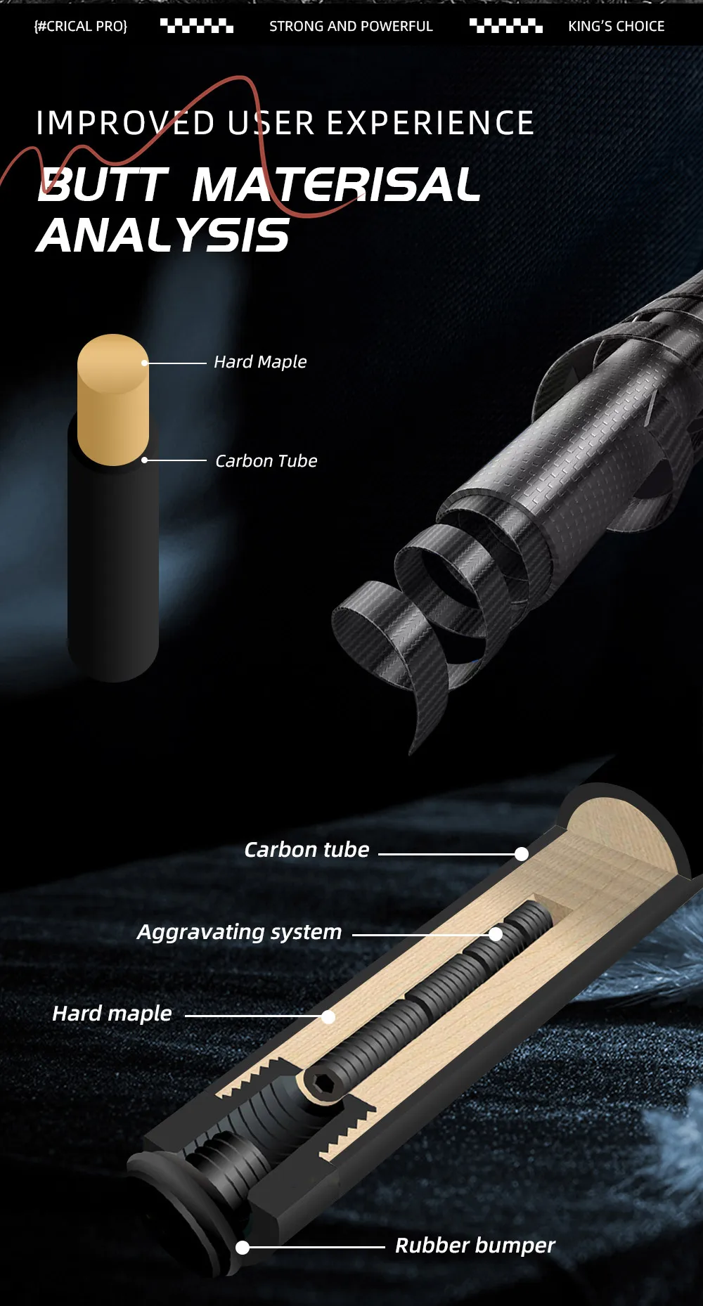 CRICAL Pro Billardqueue aus Carbonfaser, geringe Abweichung, 12,5 mm Saphirspitze, 3/8x8 Stahlverbindung, mattierter Griff, XTC, 58 Zoll, 19-20 Unzen – Detail 8