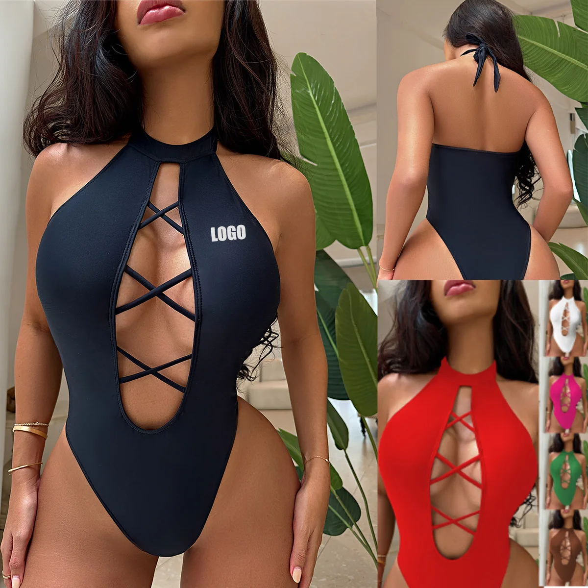 

Customized LOGO women's new one-piece swimsuit sexy bikini European and American swimsuit women's neck swimsuit