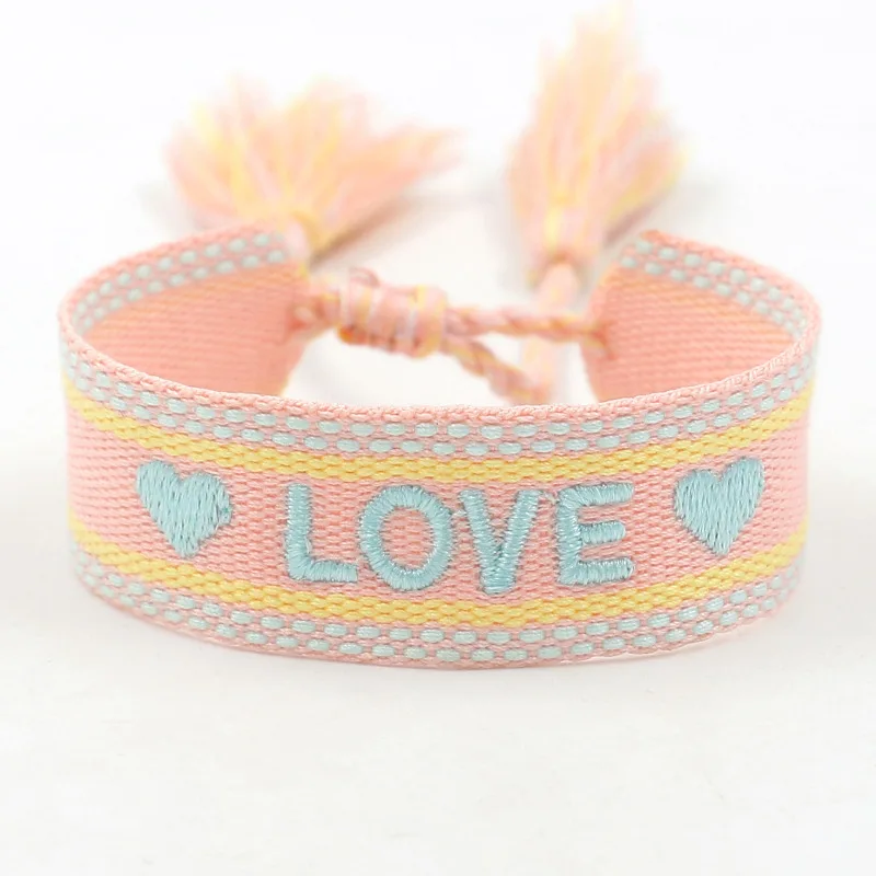 

Bohemian ethnic style embroidery letters woven bracelet tassel friendship hand rope jewellery can be customised pattern logo