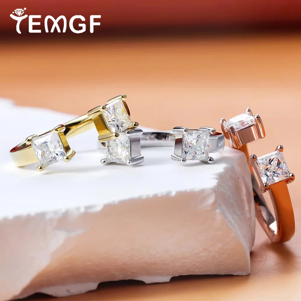 

TEMGF 4.5mm Princess Cut Moissanite Rings 100% S925 Sterling Silver Adjustable Size for Women Fashion Simple Fine Jewelry Gift
