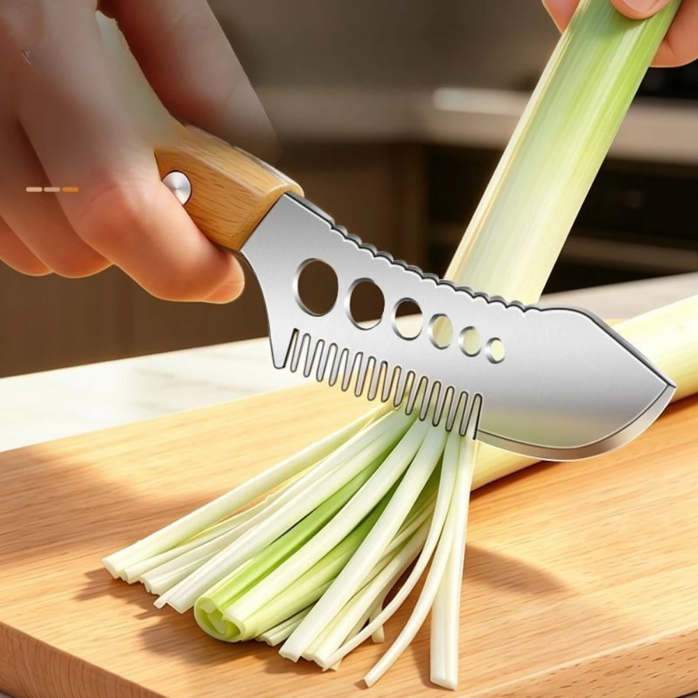 New 3-In-1 Stainless Steel Scallion Slicer&Herb Cutter with Wooden Handle Onion Chopper Knife Design Food Speedy Chopper Silk