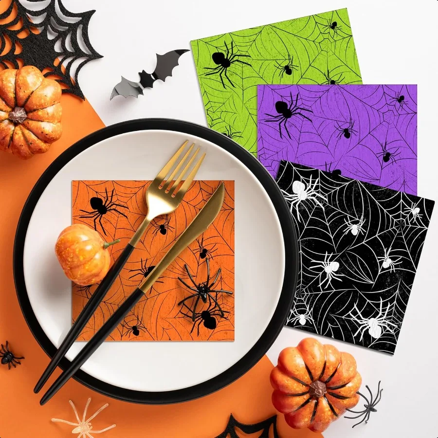 100 قطعة مناديل الهالوين على شبكة العنكبوت مناديل كوكتيل ورقية للحفلات والغداء والعشاء 4 ألوان لتزيين الطاولة المشروبات T
