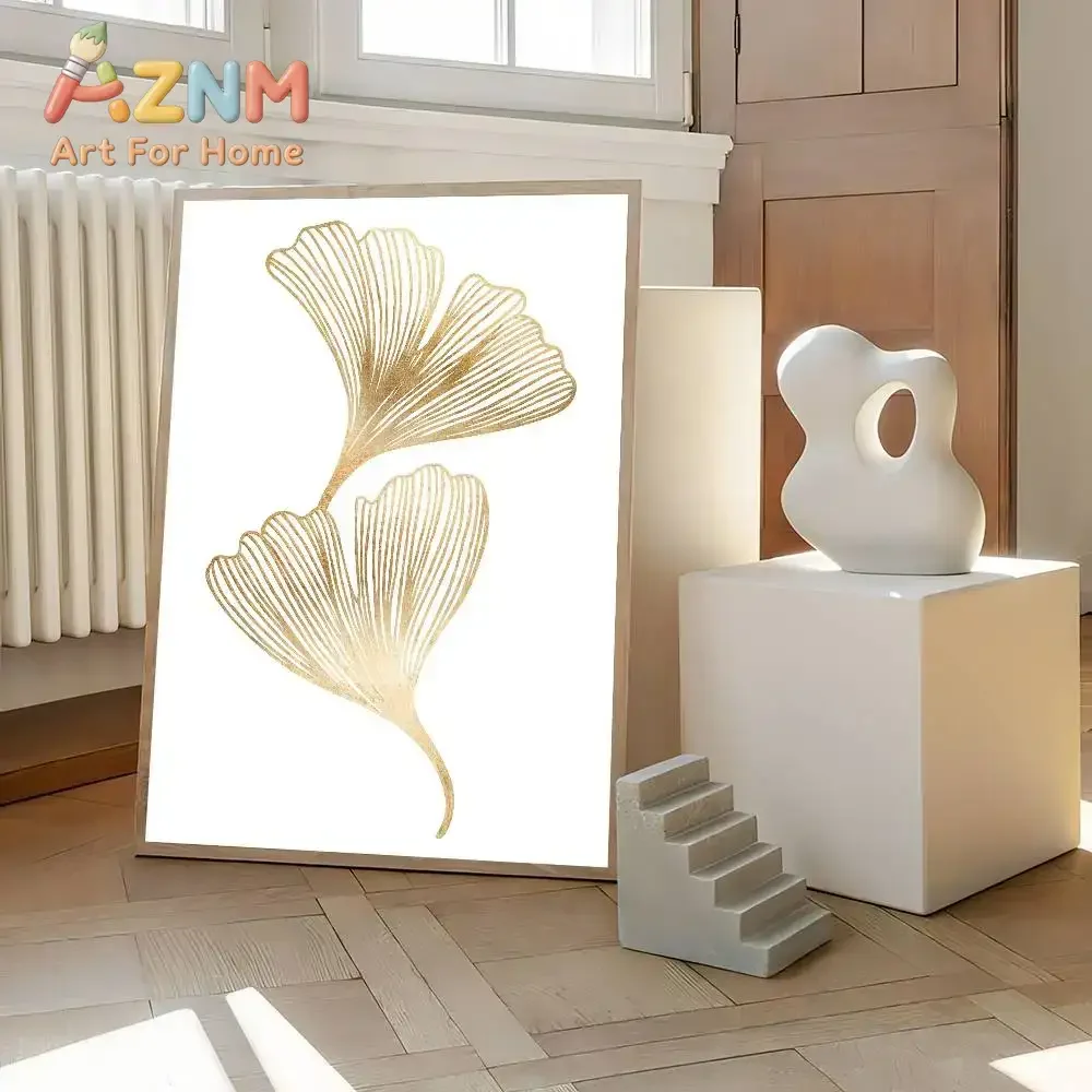 AZNM Golden Ginkgo Leaf Canvas Painting Frameless Wall Art Elegant Line Botanical Art Poster White Background Bedroom Home Decor