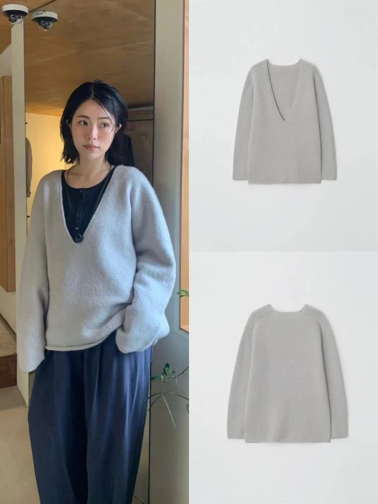 

Sle Soft Cozy V-Ne Knitted Sweater Women's Loose Fit Vintage Design Casual Top Faion Retro Sve Length Long