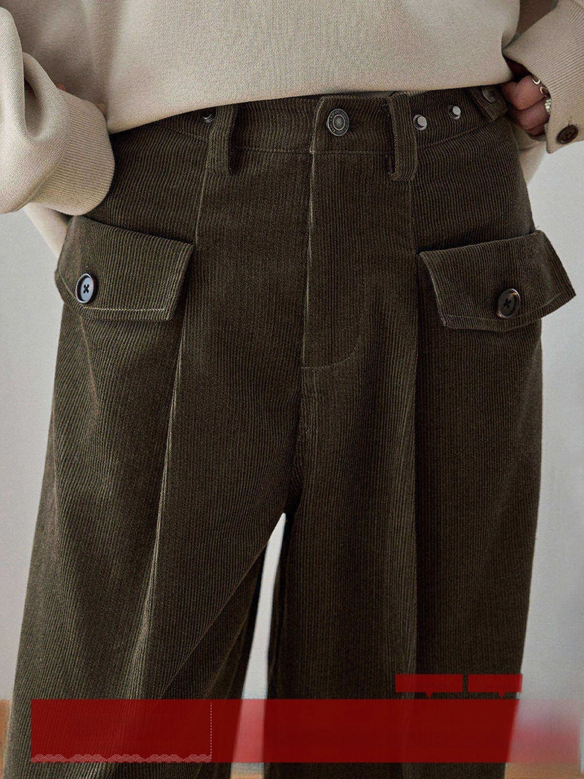 

MoZao High Waist Straight Leg Corduroy Casual Pants Women's Green Loose Wide Leg Long Trousers Comfortable Casual Trousers