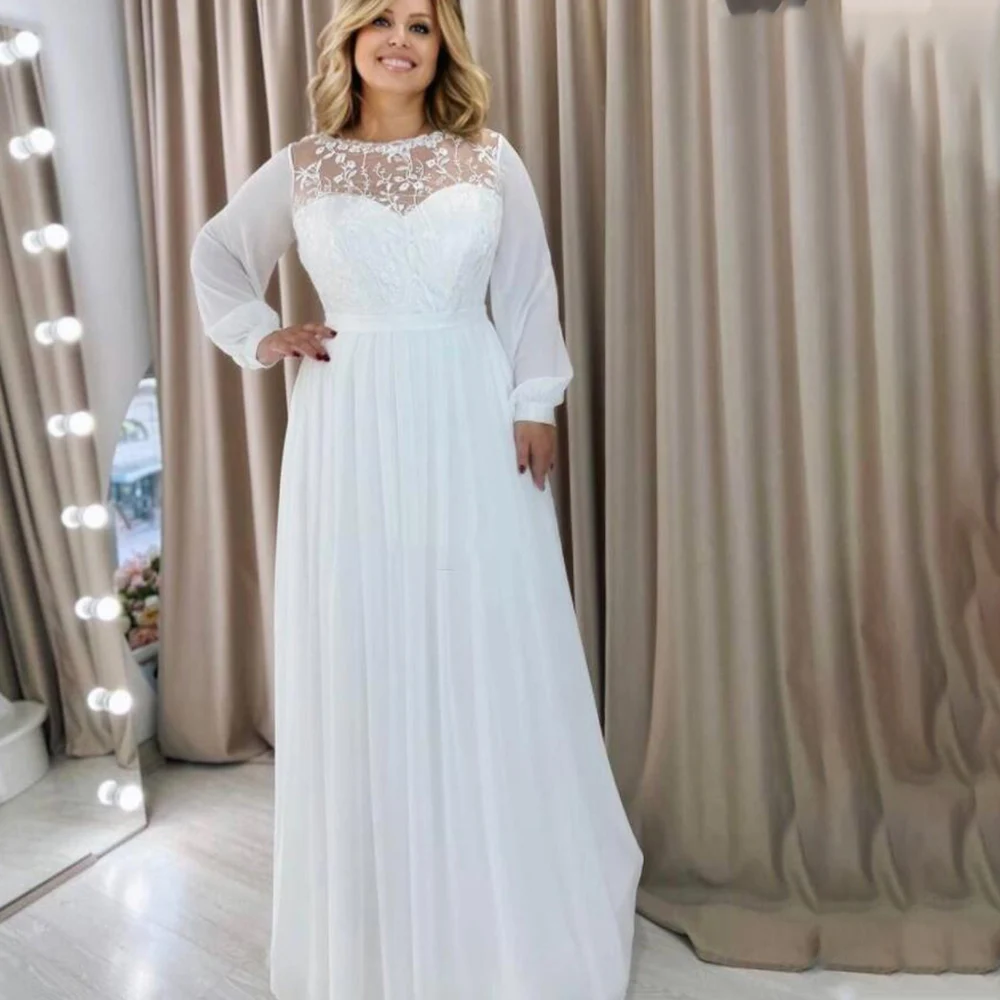 Plus Size Long Sleeve Wedding Dress For Women Bridal Gowns Custom Made Chiffon Lace Appliques Puff Sleeve Simple Civil Robe