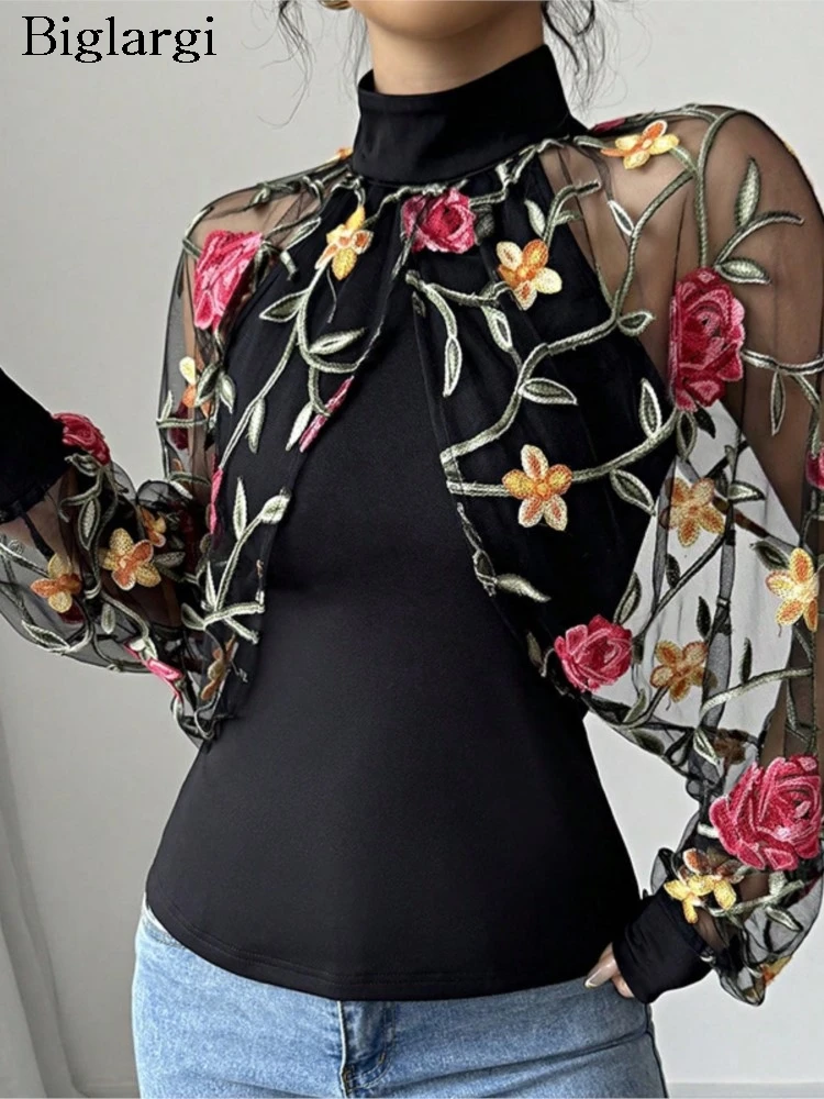 

Autumn T-Shirts Women Mesh Patchwork Flower Embroidery Fashion Elegant Ladies Blouses Loose Woman T-Shirts