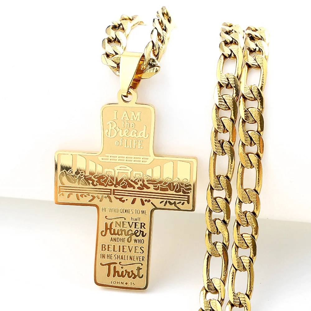 The Last Supper Jesus Christ Cross Pendant Necklace For Women Men Stainless Steel Gold Color Hip Hop Cuban Chain Jewelry Gift