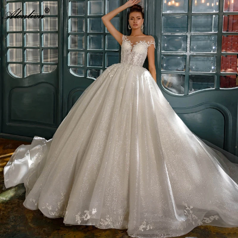 Alonlivn – robe de mariée scintillante, col rond, bouffante, tenue de bal élégante, jupes de mariée