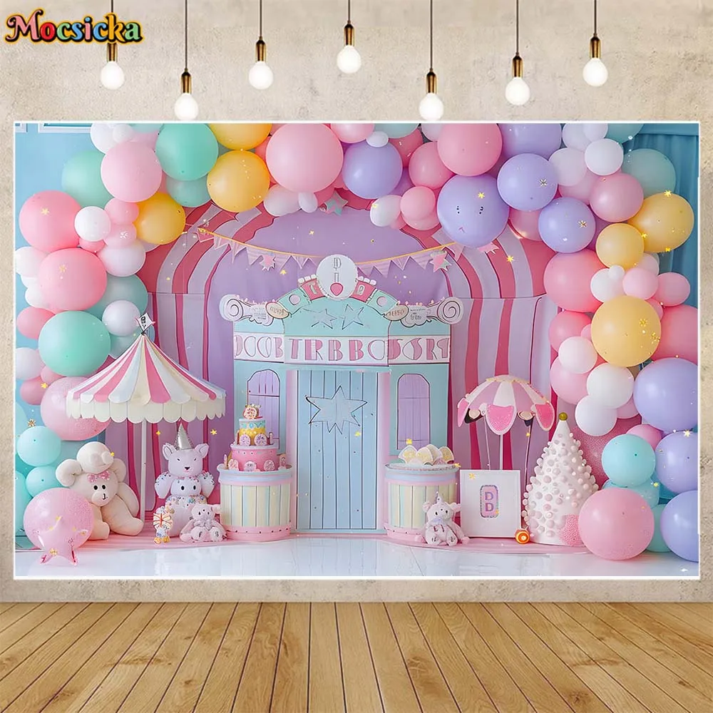 Mocsicka Dreamy Girl Birthday Photography Background Carousel Circus Tent Balloon Baby 1st Cake Smash Party Photo Backdrop Props