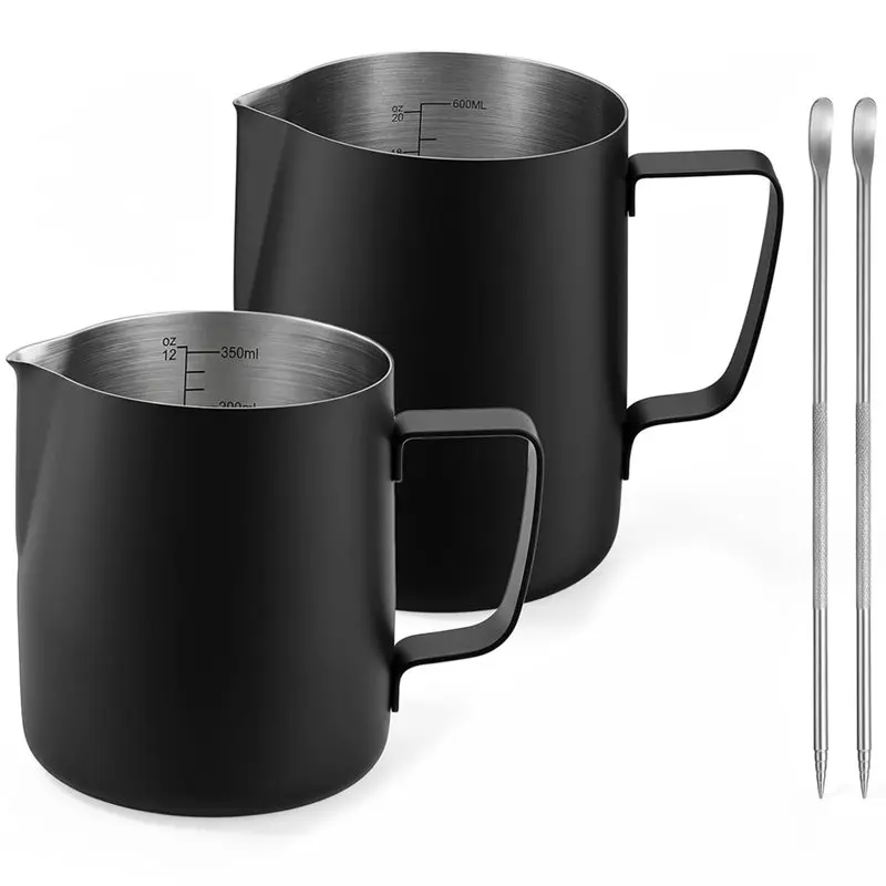 SHGO-2 Pack 12Oz & 20Oz Matte Black Milk Frothing Pitcher Set With Latte Art Pen