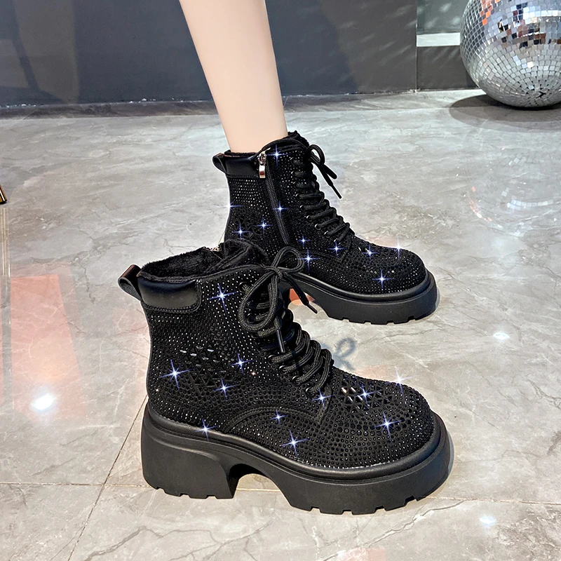 Crystal Platform Women Snow Ankle Boots Luxury High Heel Shoes Women 2024 Trend Winter New Cozy Sneakers Lace-up Female Botas