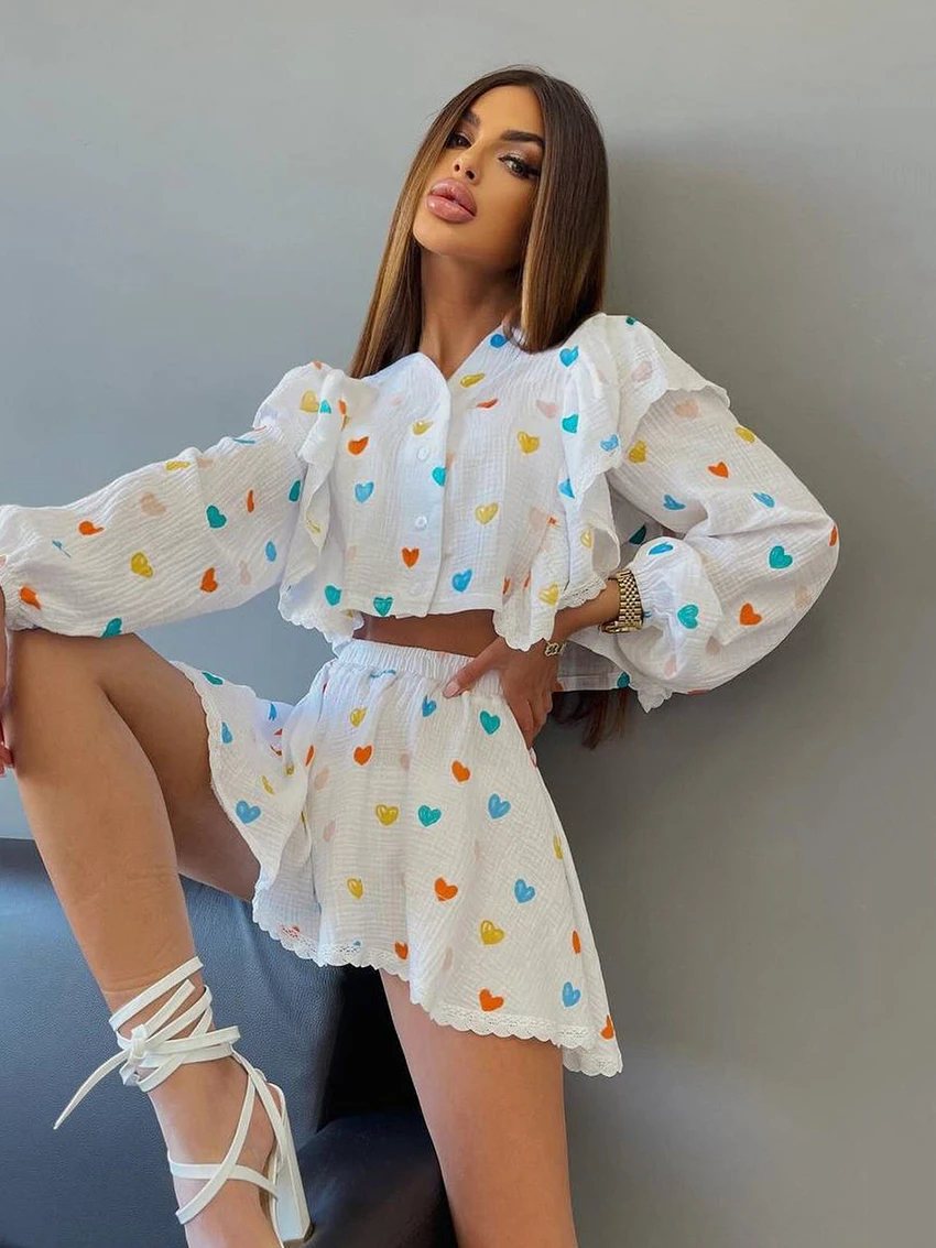 Marthaqiqi Printing Ladies Sleepwear Suit Crop Top Pajama Longs Leeve Nightgown O-Neck Nightwear Shorts Skirt Female Nightie Set