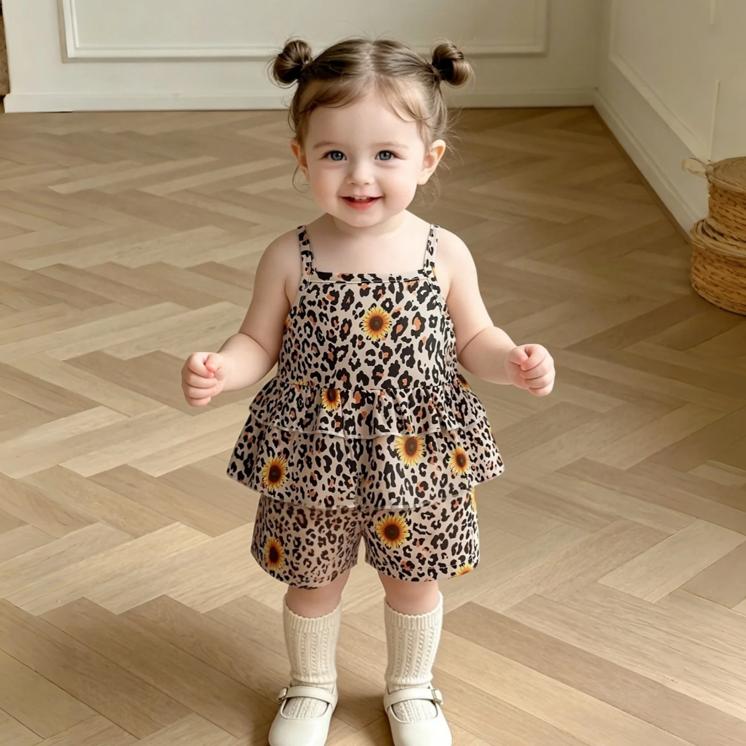 2pc Baby Girl Summer Set Top And Shorts Leopard Print Baby Girl Comfortable Daily Outdoor Children's Clothing  6 Months-3 Years